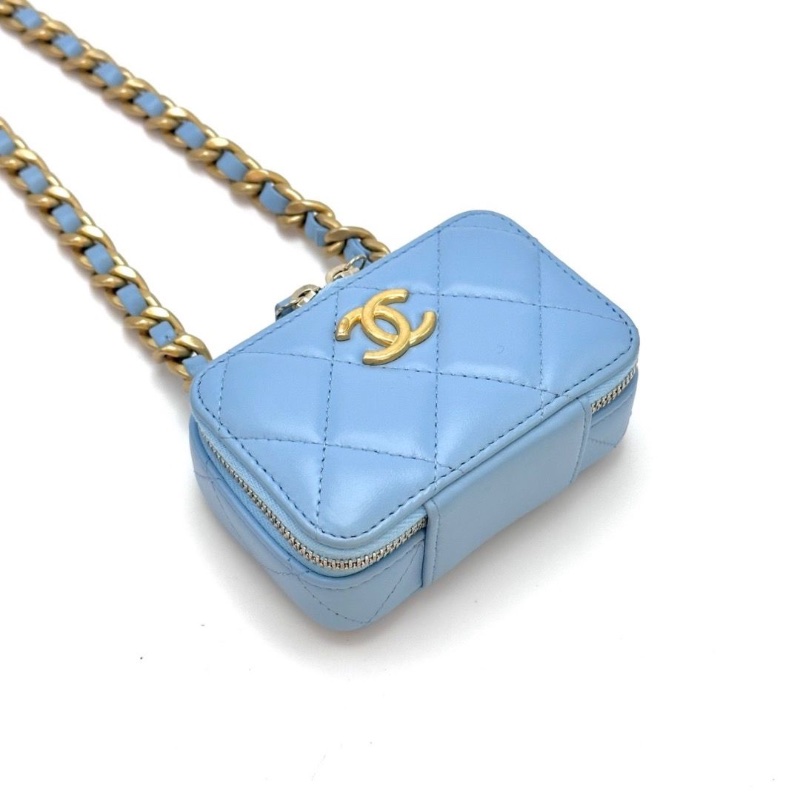 CHANEL 22S天藍色金扣mini斜背相機包11*7*4.5 99新配件盒子塵袋-4