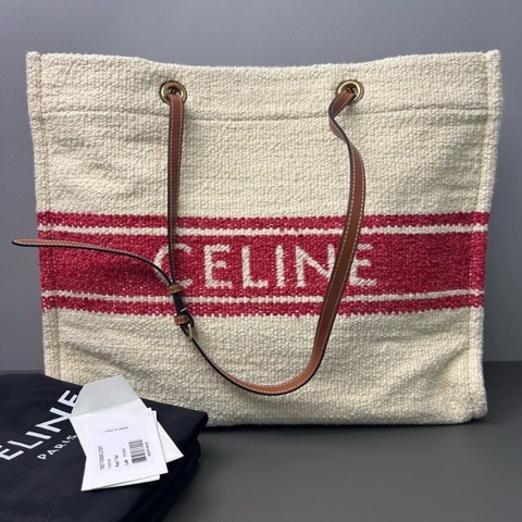 Celine 紅白拼色 毛呢帆布 印花條紋 大號沙灘 44*16.5*36 98新配件塵袋