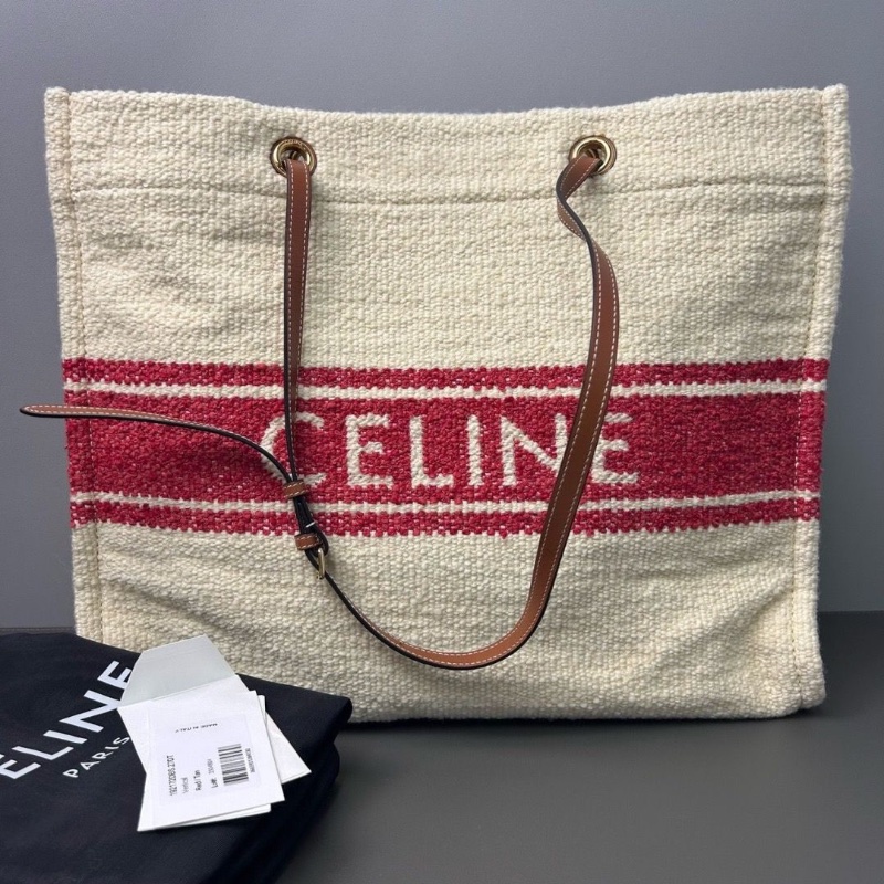 Celine 紅白拼色 毛呢帆布 印花條紋 大號沙灘 44*16.5*36 98新配件塵袋-0