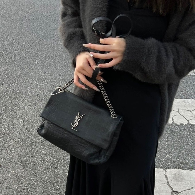 Ysl west hollywood好萊塢系列 黑色肩背斜背包黑銀鰐魚紋 28*16*10 98新配件塵袋購證-0