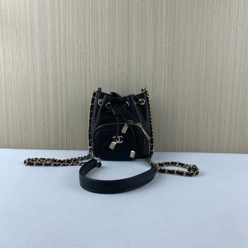 Chanel 黑金牛皮荔枝紋 抽繩mini水桶包 23p芯片款 12.5*10*7.5 98新配件盒子塵袋-1