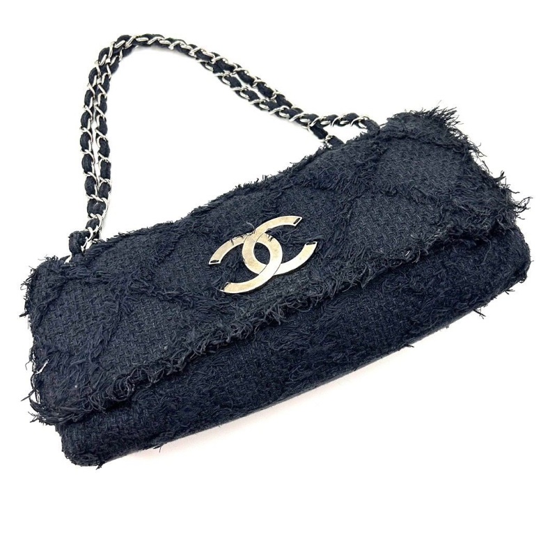 CHANEL深藍色銀扣編織亞麻麥穗手提肩背機場包 37*21*10 98新配件塵袋-5