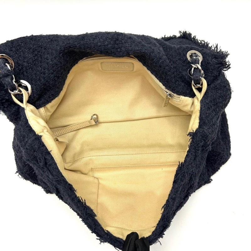 CHANEL深藍色銀扣編織亞麻麥穗手提肩背機場包 37*21*10 98新配件塵袋-6