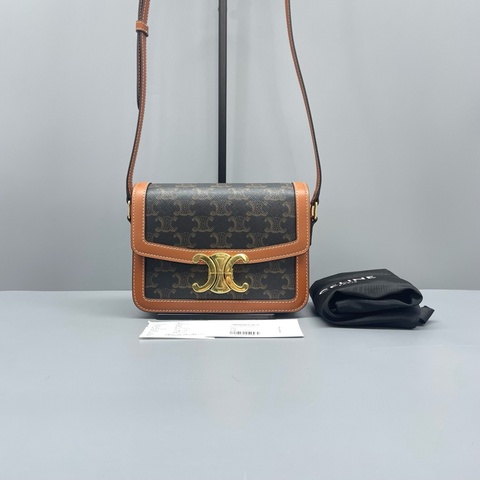 98新 celine賽琳teen凱旋門豆腐包老花拼棕/18*14*6cm/L7870