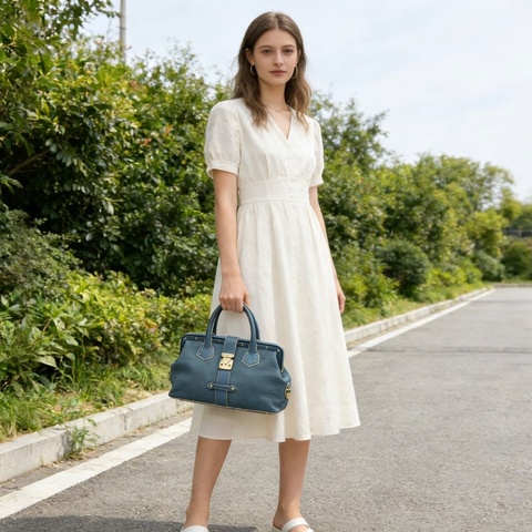 LV蘇哈里霧霾藍金扣 山羊皮手提開合包33*17*14 98新配件塵袋