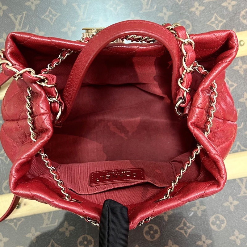 CHANEL紅色金扣荔枝紋 手提肩背斜背包19*20*15 98新配件塵袋-1