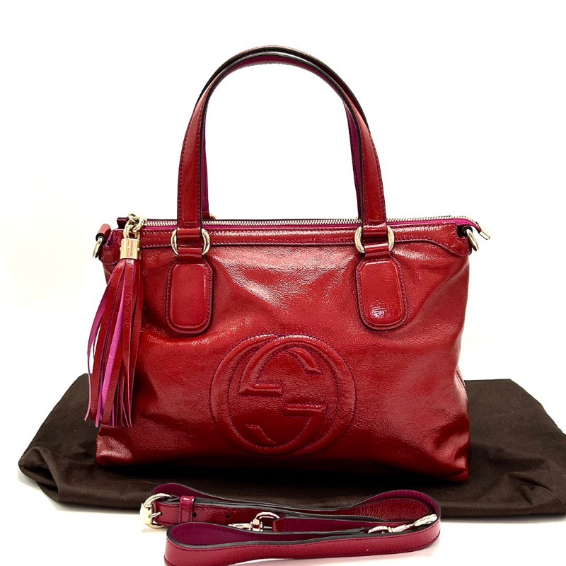 GUCCI 紅色漆皮流蘇手提肩背包32*22*15 98新配件塵袋-1