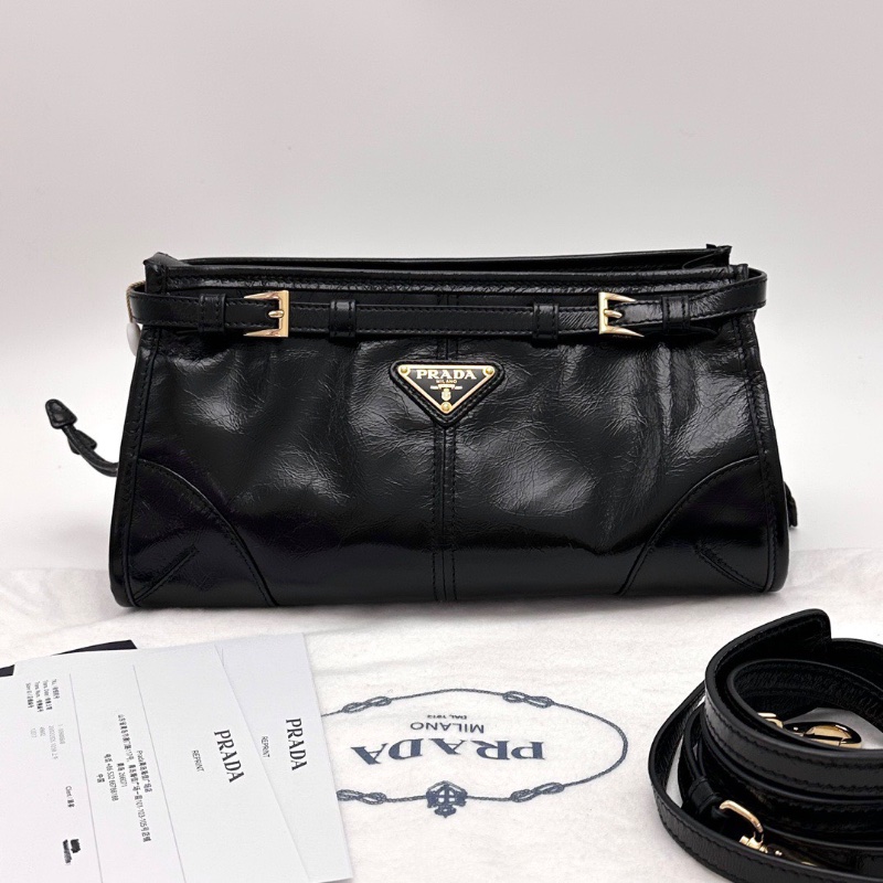 PRADA 黑金油蠟皮 SoftIux小號手提肩背斜背包26*14*12 全新閒置配件塵袋購證-1