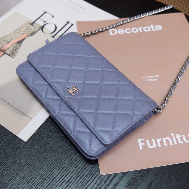 CHANEL紫灰色銀扣 羊皮肩背斜背包woc包19*12*3.5 98新配件盒子塵袋毛氈布保卡-3