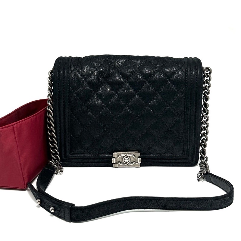 CHANEL 黑銀山羊皮爆裂紋Leboy肩背斜背包28*21*7 98新配件塵袋-1