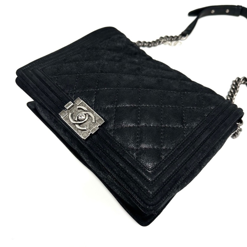 CHANEL 黑銀山羊皮爆裂紋Leboy肩背斜背包28*21*7 98新配件塵袋-3