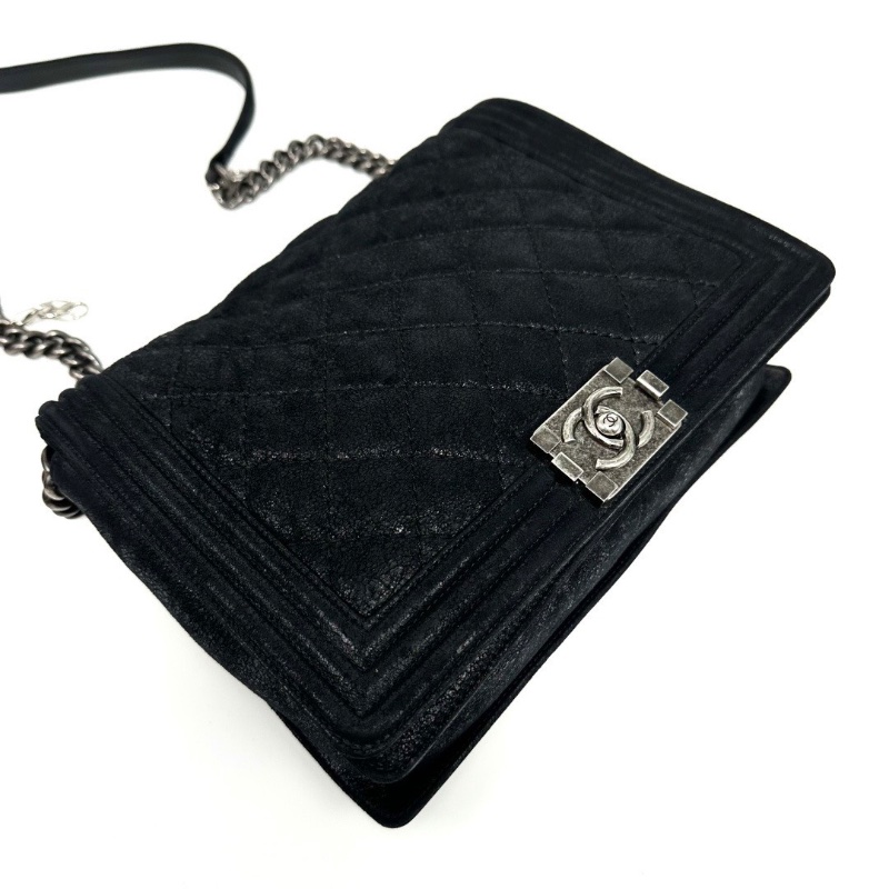 CHANEL 黑銀山羊皮爆裂紋Leboy肩背斜背包28*21*7 98新配件塵袋-5