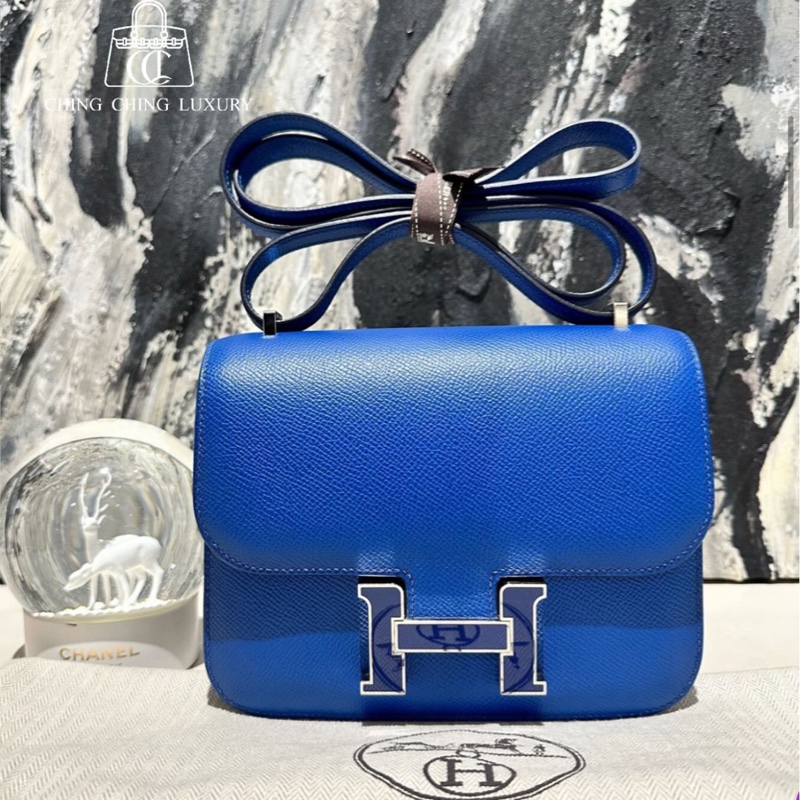 🌈Hermes💙Mini Constance 19💙深藍色琺瑯扣🌟98新🌈Epsom皮🌟愛馬仕🌟-0