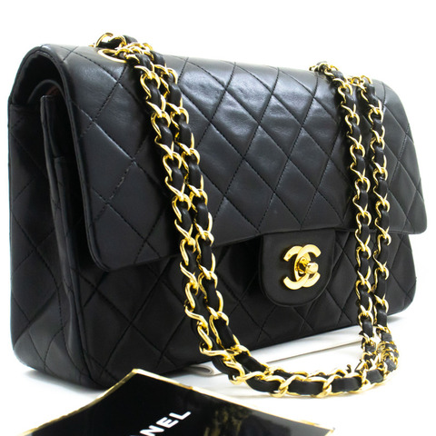 香奈兒經典雙蓋10吋鏈條單肩背包，黑色羊皮
