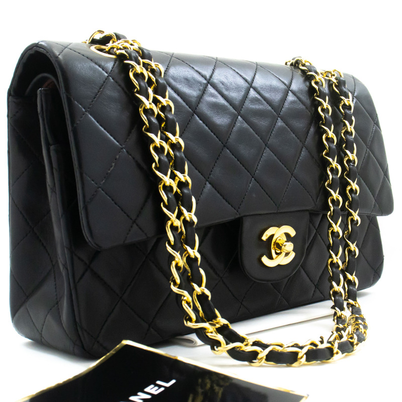 【日本直送】香奈兒經典雙蓋10吋鏈條單肩背包,黑色羊皮-0