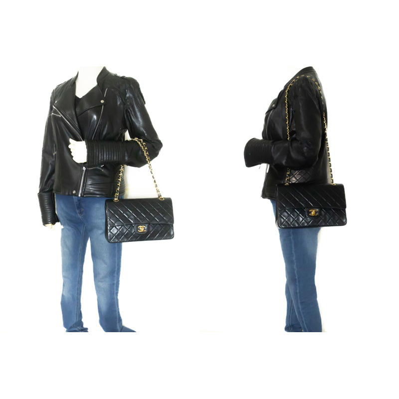 【日本直送】香奈兒經典雙蓋10吋鏈條單肩背包,黑色羊皮-11