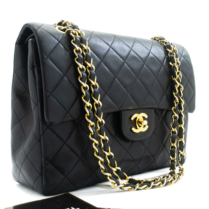 【日本直送】香奈兒經典雙蓋方形鏈條肩背包,黑色羊羔絨-0