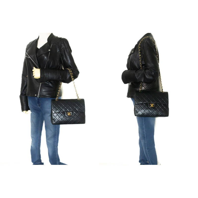 【日本直送】香奈兒經典雙蓋方形鏈條肩背包,黑色羊羔絨-11