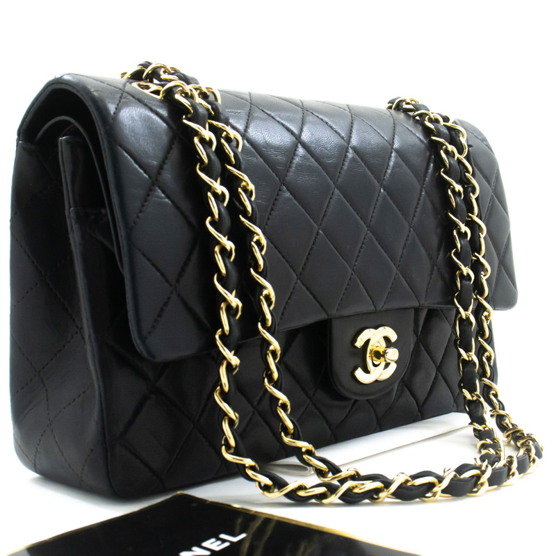 【日本直送】香奈兒經典雙蓋10吋鏈條單肩背包，黑色羊皮-0