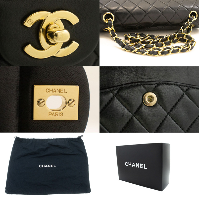 【日本直送】香奈兒經典雙蓋10吋鏈條單肩背包，黑色羊皮-6