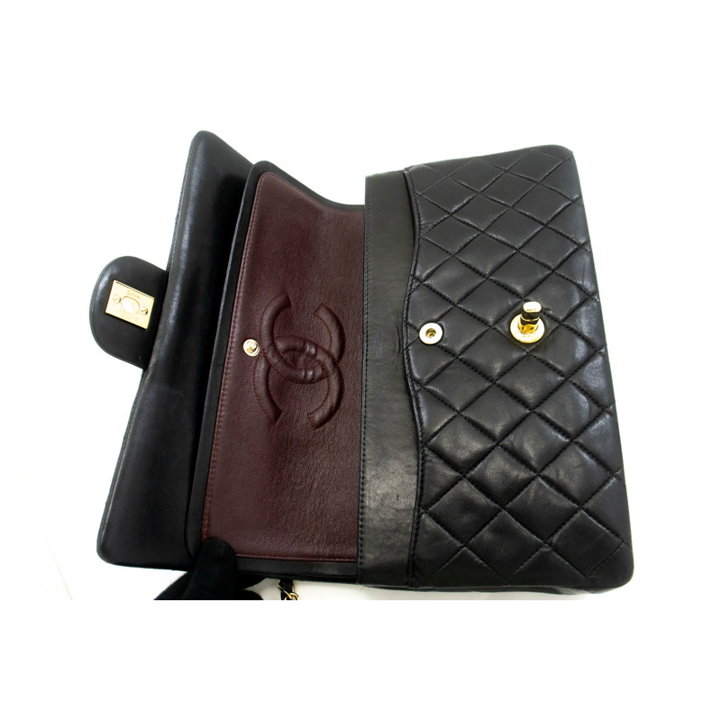 【日本直送】香奈兒經典雙蓋10吋鏈條單肩背包，黑色羊皮-10