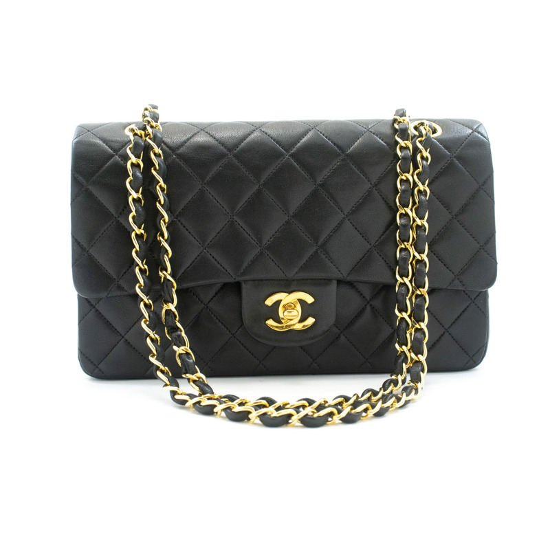 【日本直送】香奈兒經典雙蓋10吋鏈條單肩背包，黑色羊皮-1
