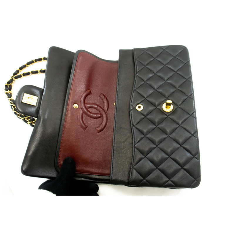 【日本直送】香奈兒經典雙蓋10吋鏈條單肩背包，黑色羊皮-10