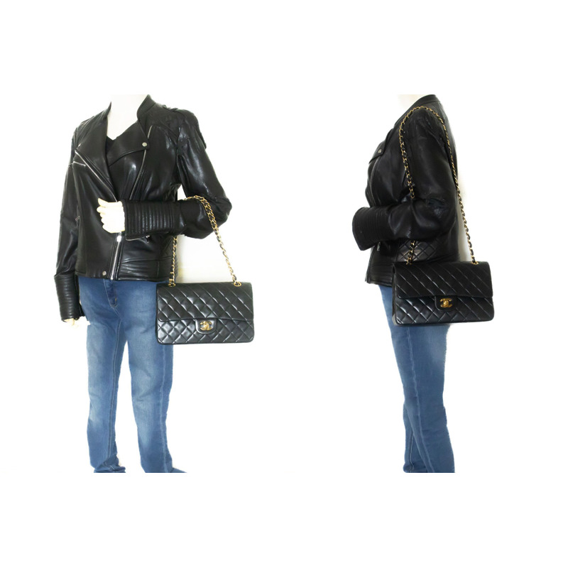 【日本直送】香奈兒經典雙蓋10吋鏈條單肩背包，黑色羊皮-11