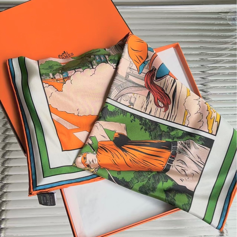 Hermes / 愛馬仕雙面絲巾,絲巾名稱:WOW 女騎士精神 大神Ego作品,最美配色。尺寸:90×90-1