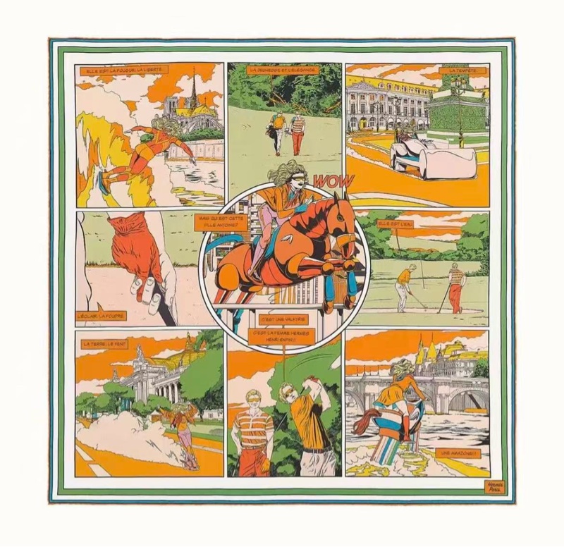 Hermes / 愛馬仕雙面絲巾,絲巾名稱:WOW 女騎士精神 大神Ego作品,最美配色。尺寸:90×90-2