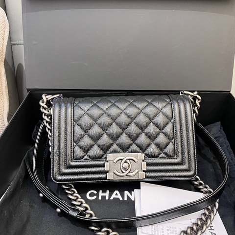 99新 Chanel香奈兒黑銀leboy荔枝紋牛皮小號