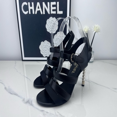 全新 Chanel香奈兒 黑色綁帶高跟涼鞋 37.5碼
