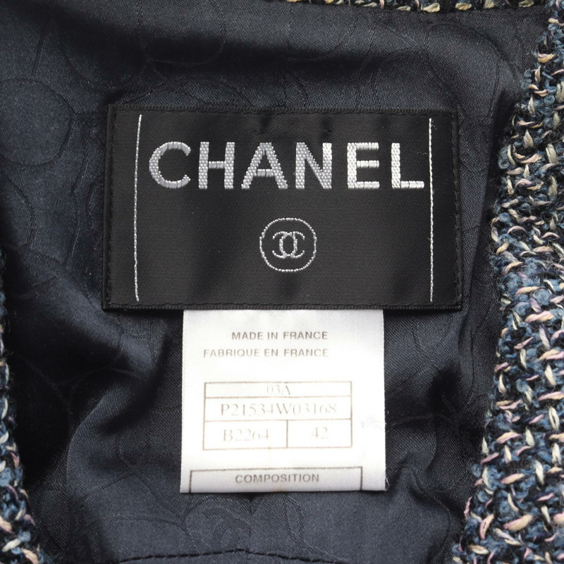 香奈兒 COCO 標誌紐扣修身夾克，羊毛、絲、膠混紡，海軍藍，二手女款 #42 CC-2