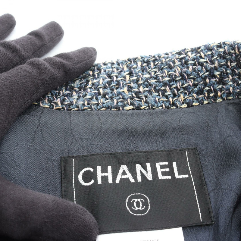 香奈兒 COCO 標誌紐扣修身夾克，羊毛、絲、膠混紡，海軍藍，二手女款 #42 CC-11
