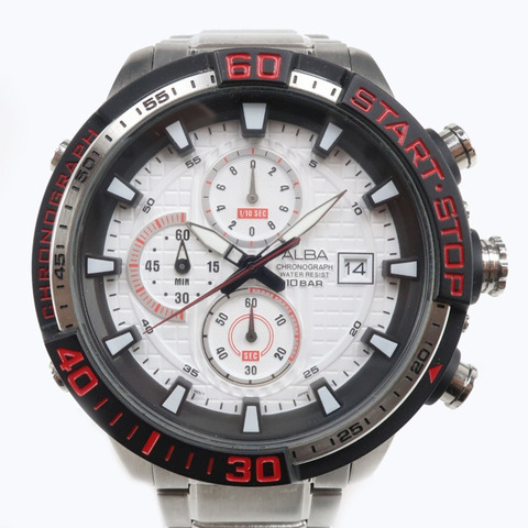 精工 (Seiko) Aruba VD57-KE00 男士腕錶，不鏽鋼銀色石英計時表，白色錶盤