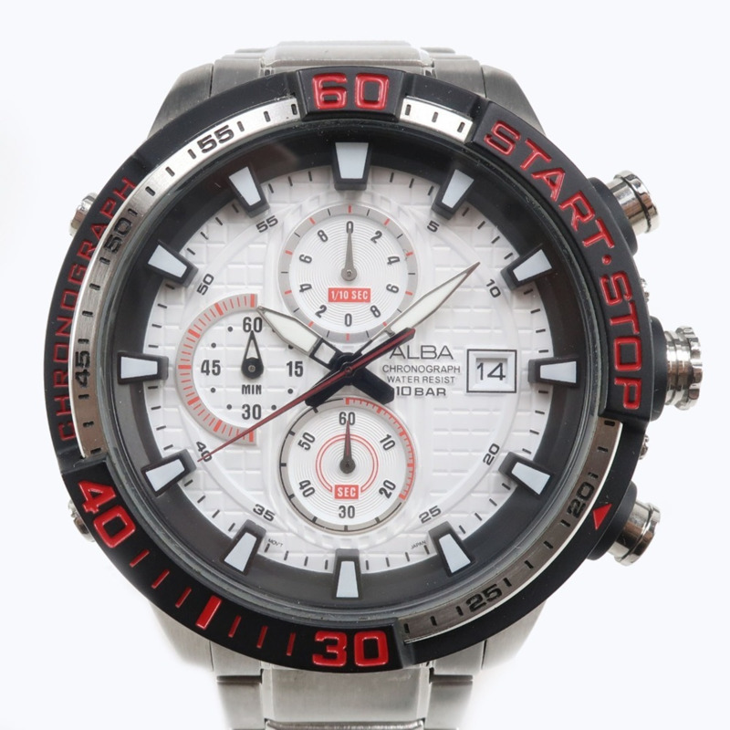 精工 (Seiko) Aruba VD57-KE00 男士腕錶,不鏽鋼銀色石英計時表,白色錶盤-0