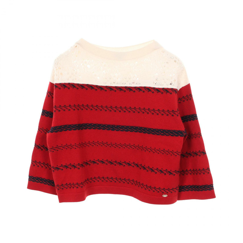 香奈兒 COCO 標誌雙色羊絨衫，紅白海軍藍，二手女款 #34-0