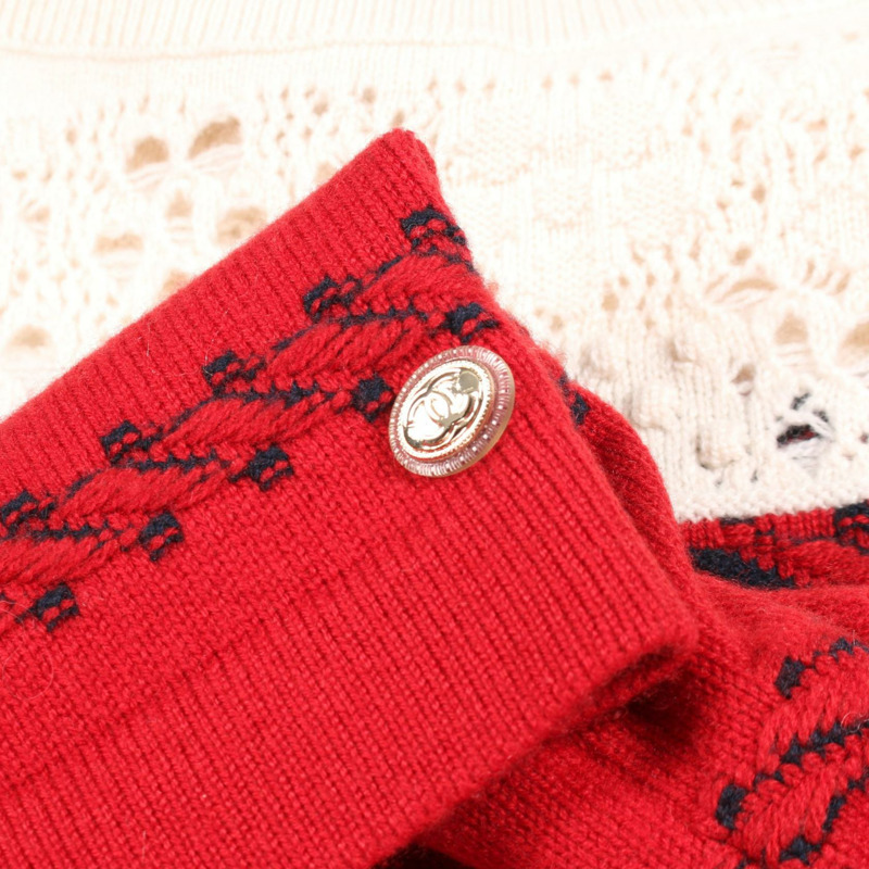 香奈兒 COCO 標誌雙色羊絨衫，紅白海軍藍，二手女款 #34-7