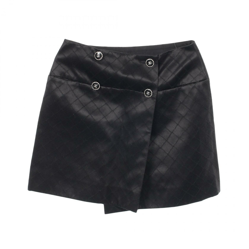 香奈兒 COCO 標誌紐扣半身裙 P71186V47663 棉絲混紡 黑色 二手 女款 38碼-0