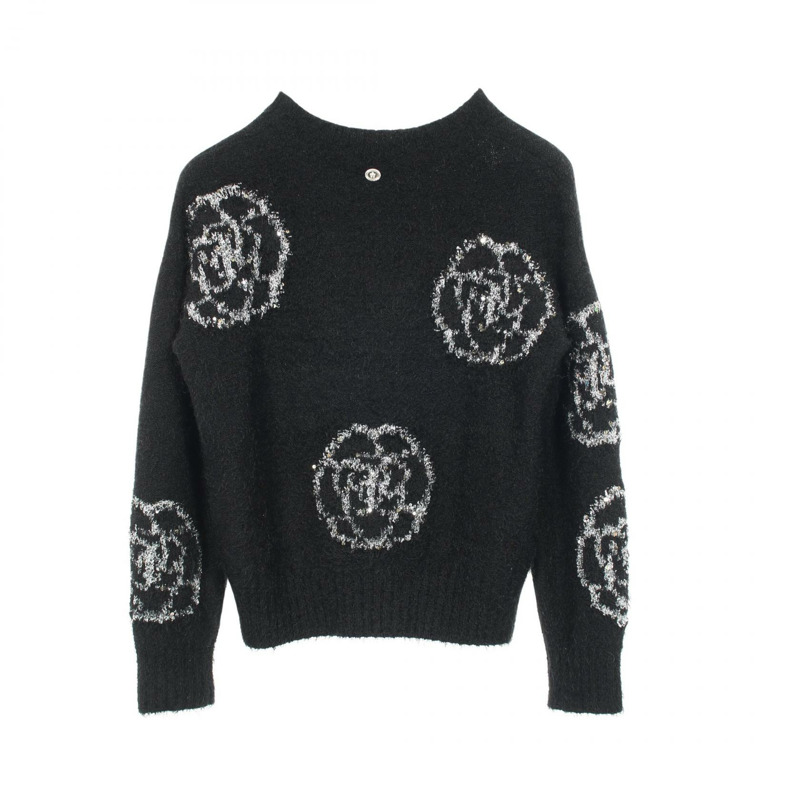 香奈兒山茶花針織衫，絲質羊絨羊毛混紡，黑色，二手，女款，36碼。-1