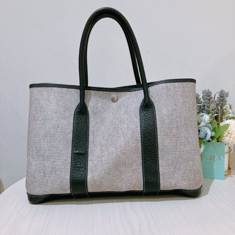 TK1934   愛馬仕 空中花園包  帆布  Party 36 Tote Bag Canvas Noir x Grey-0