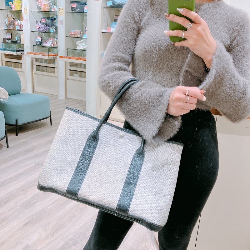TK1934   愛馬仕 空中花園包  帆布  Party 36 Tote Bag Canvas Noir x Grey-1
