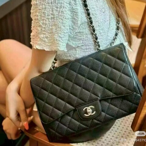 Chanel 黑色荔枝銀釦單層JUMBO機場包(大容量!已絕版)