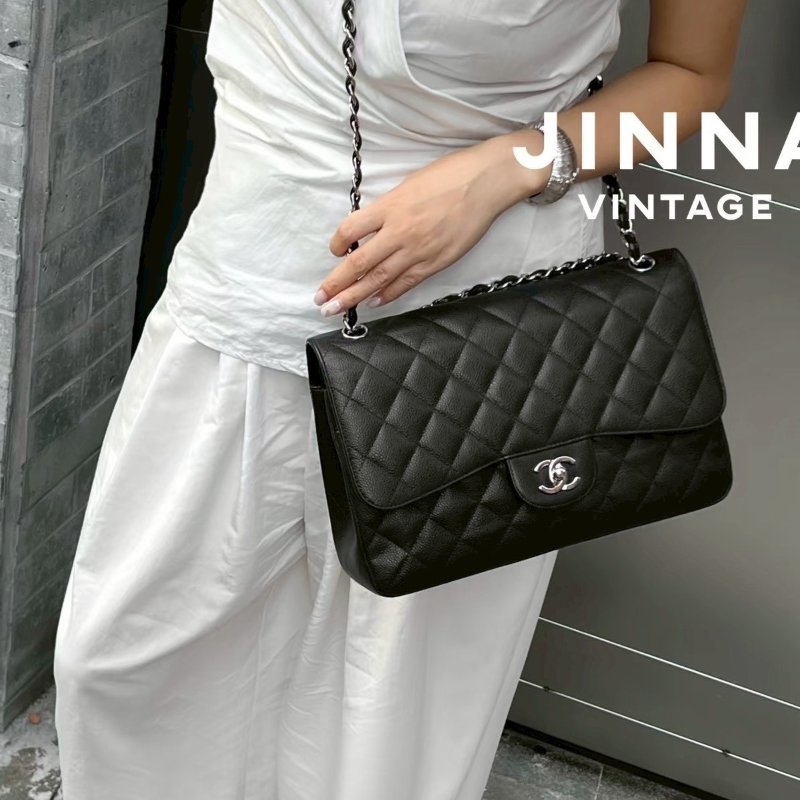 Chanel 黑色荔枝銀釦單層JUMBO機場包(大容量!已絕版)-1