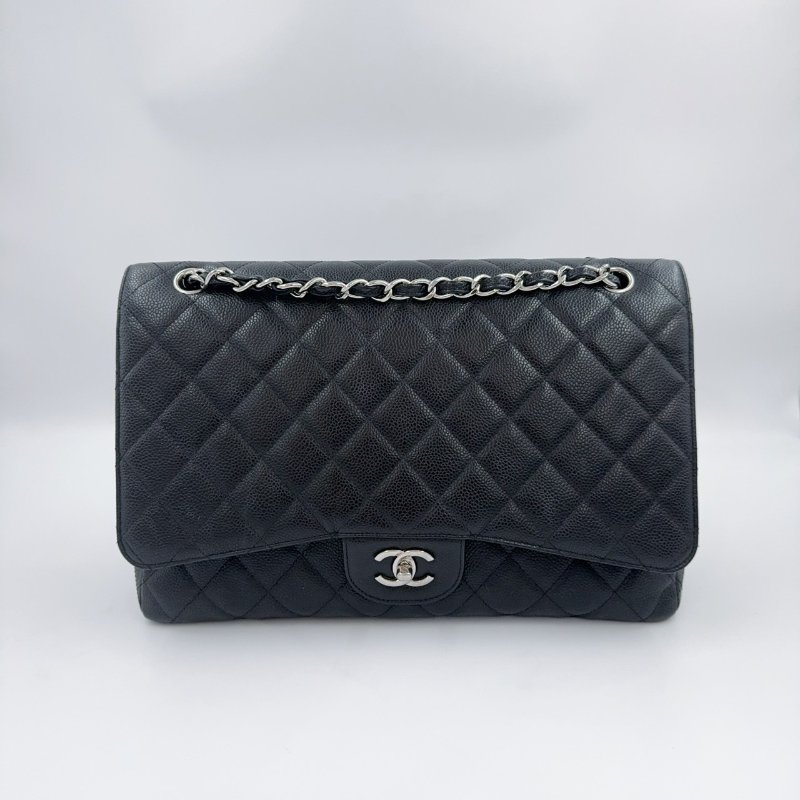 Chanel 黑色荔枝銀釦單層JUMBO機場包(大容量!已絕版)-2