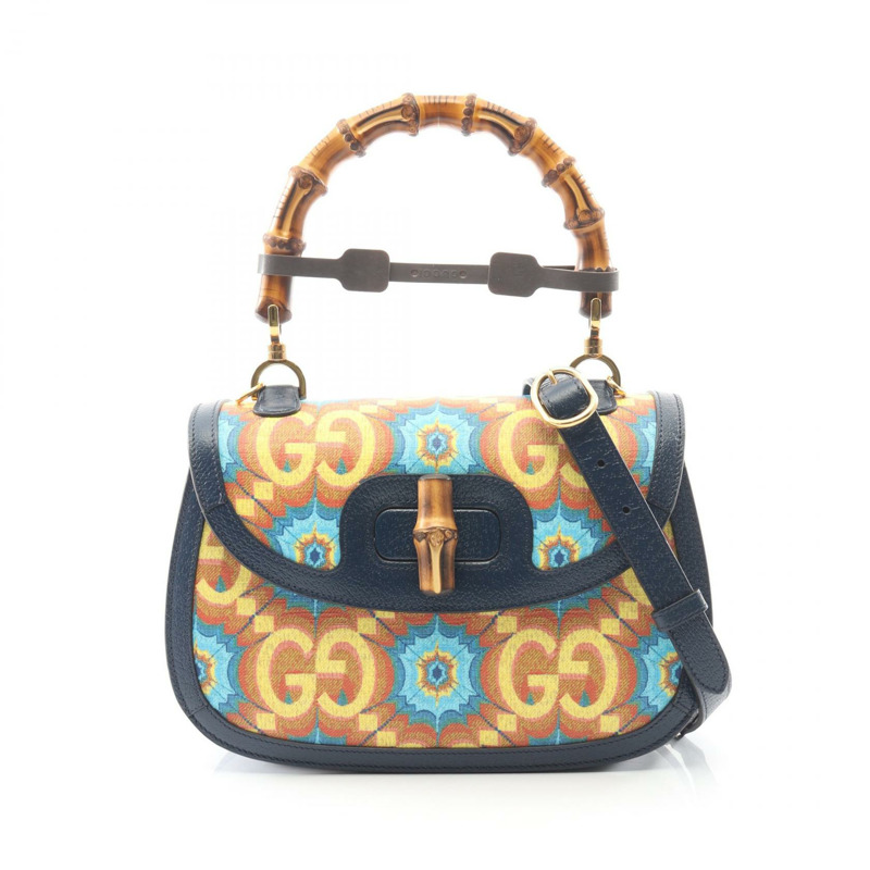 GUCCI Bamboo 1947 單肩手提包 678489 帆布皮革 橙色 海軍藍 二手 女士-0
