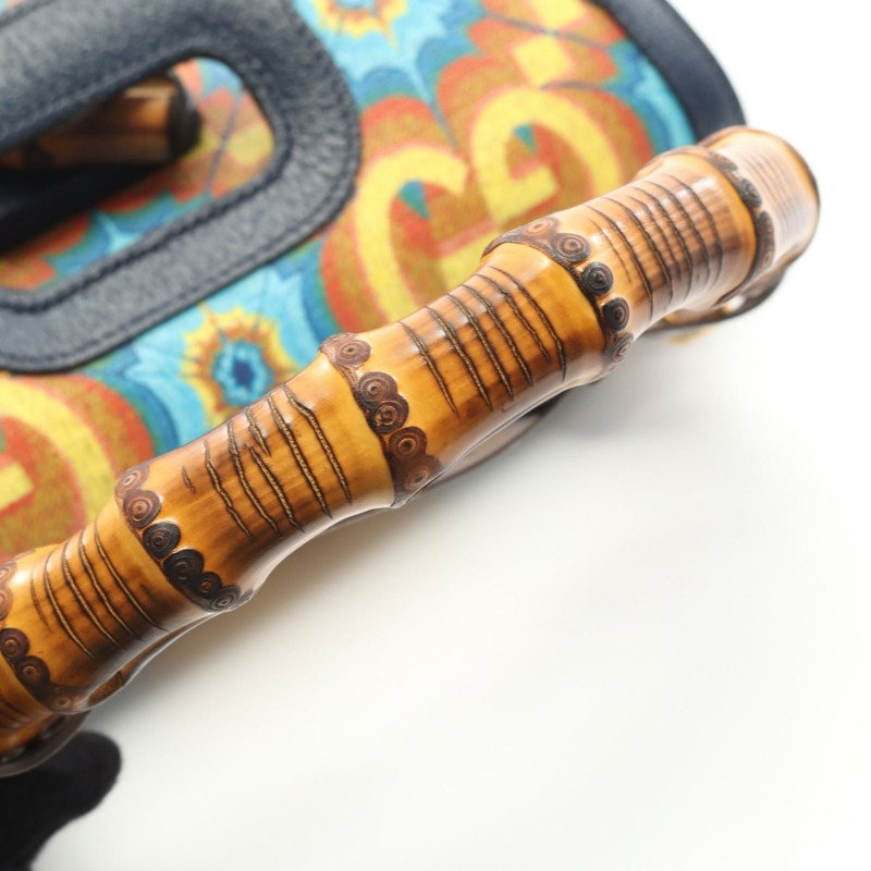 GUCCI Bamboo 1947 單肩手提包 678489 帆布皮革 橙色 海軍藍 二手 女士-6