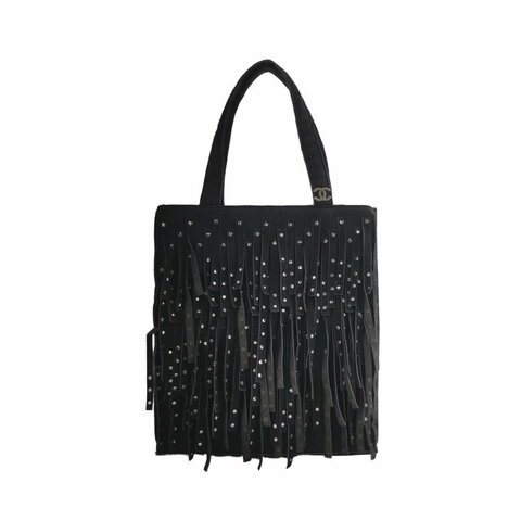 Chanel翻毛皮純色水鑽裝飾流蘇中古手提包