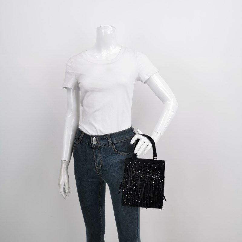 Chanel翻毛皮純色水鑽裝飾流蘇中古手提包-1