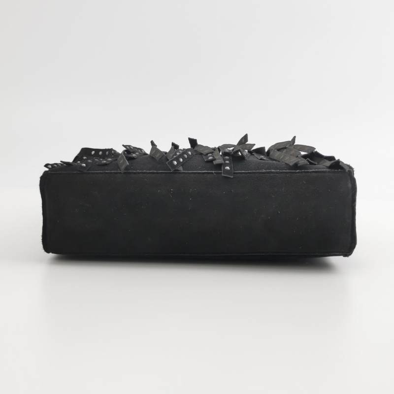 Chanel翻毛皮純色水鑽裝飾流蘇中古手提包-4